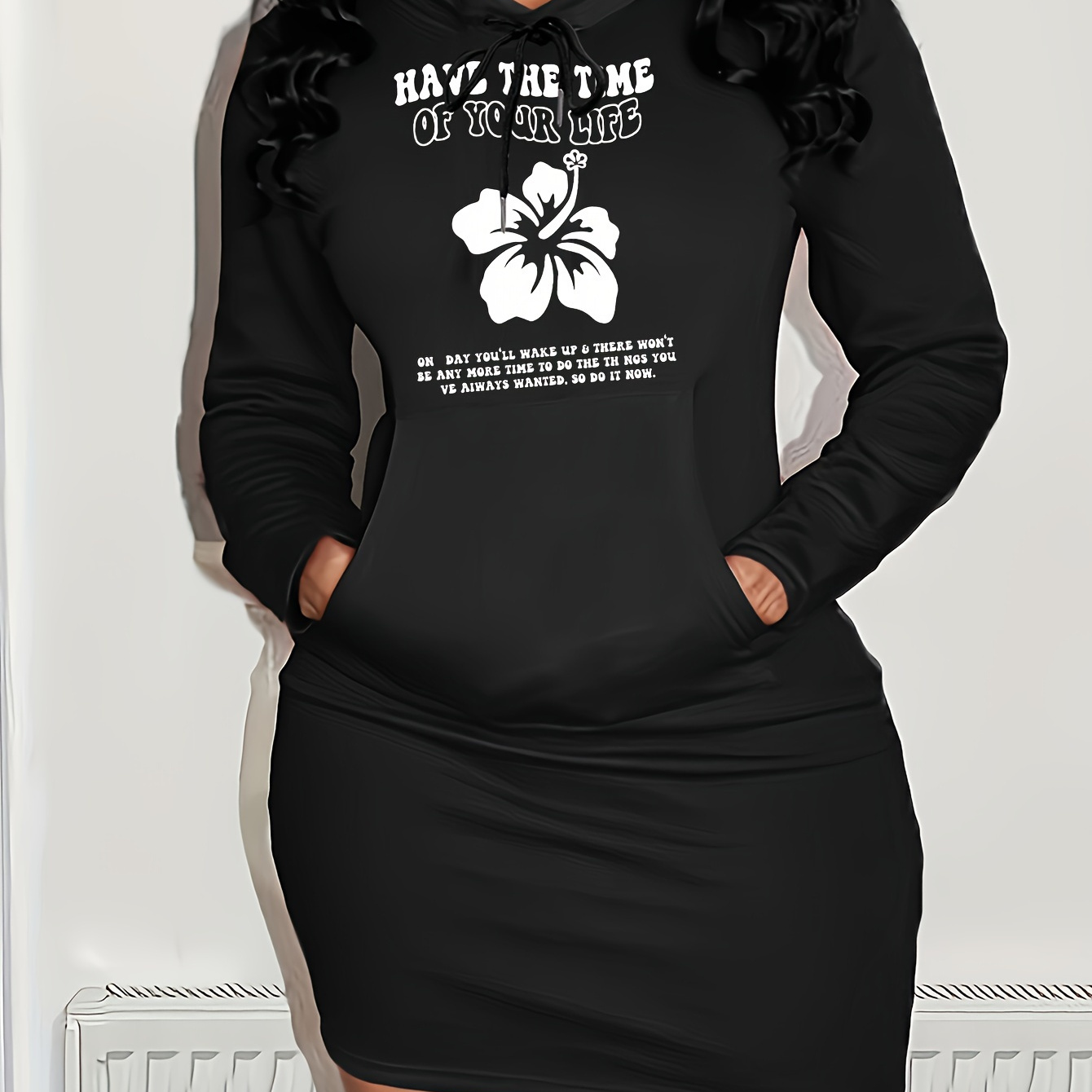 

Women's Casual Hooded Dress With Letter Print - Stretchy Polyester , Machine Washable, Fall/winter