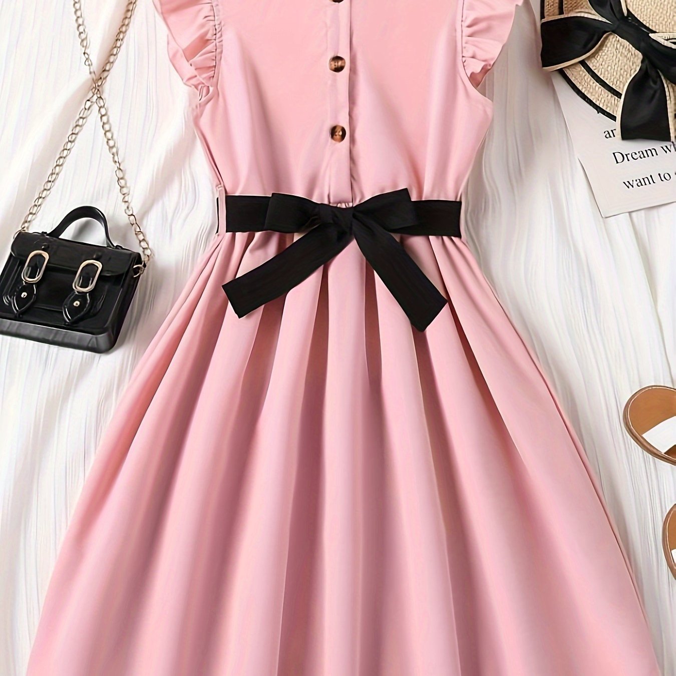 

Cute Girls Pink Ruched Collar Ruffle Trim Dress With Belt