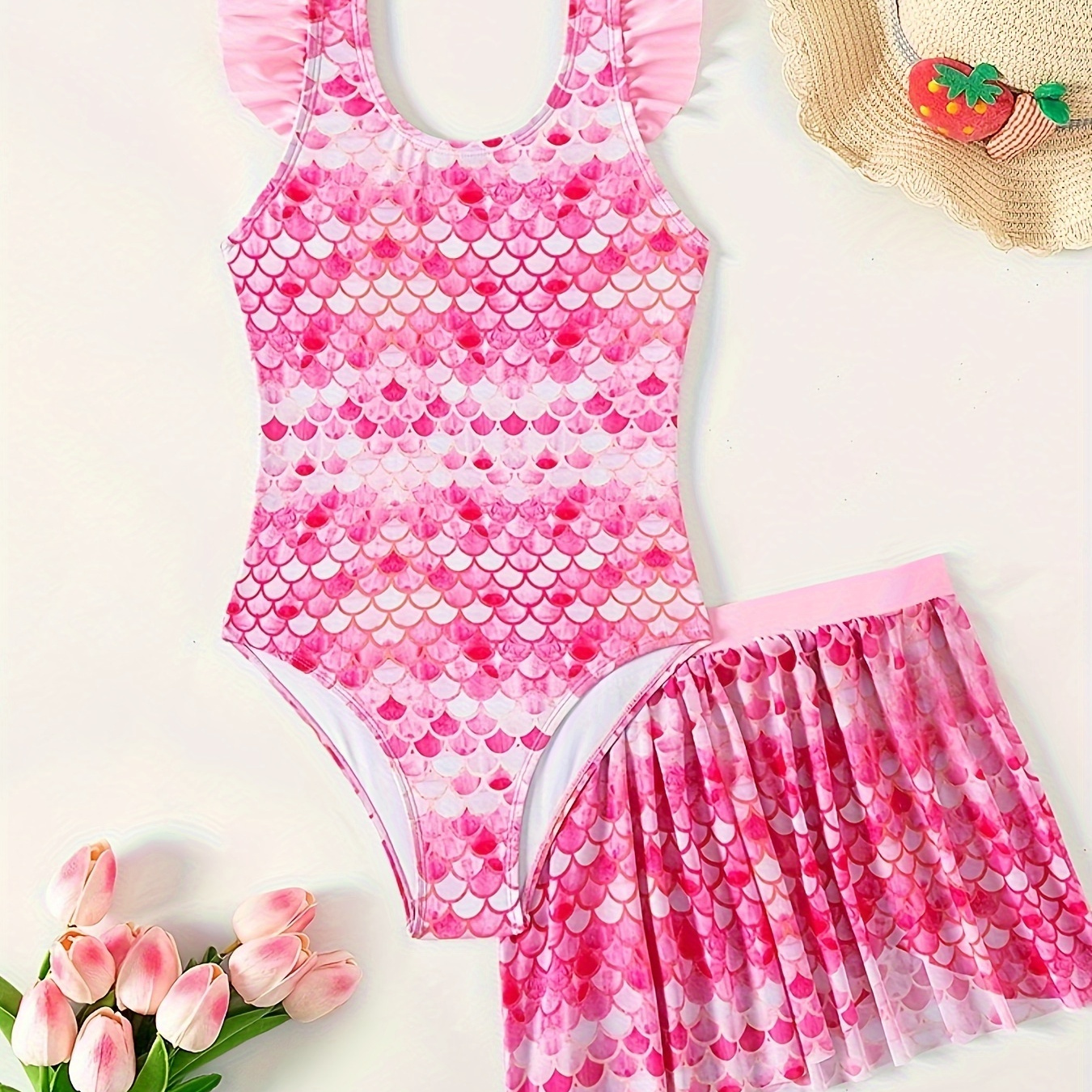 

2pcs Stretchy Fish Scale Graphic Swimsuit Set Girls Flutter Trim 1-piece Bathing Suit + Skirt Set Summer Clothes Beach Gift