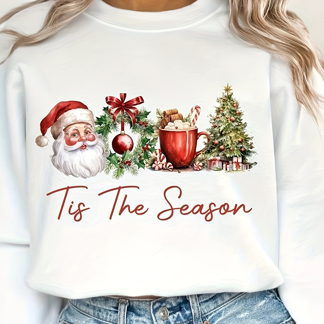 

Women's Casual Crew Neck Long Sleeve Christmas Sweatshirt - 100% Polyester Knit Fabric, Regular Fit Holiday Pullover With Festive Design