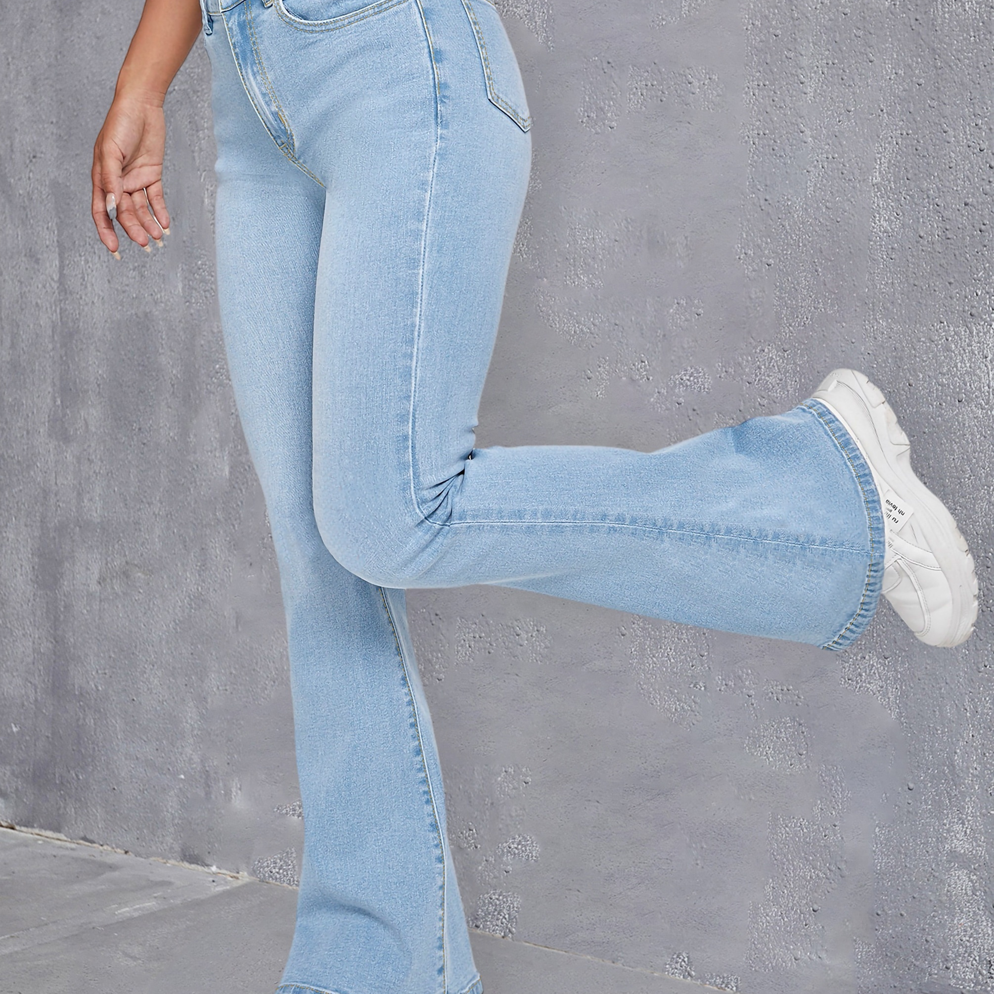 

Blue Slim Fit Flare Jeans, High Stretch Slant Pockets Bell Bottom Jeans, Women's Denim Jeans & Clothing