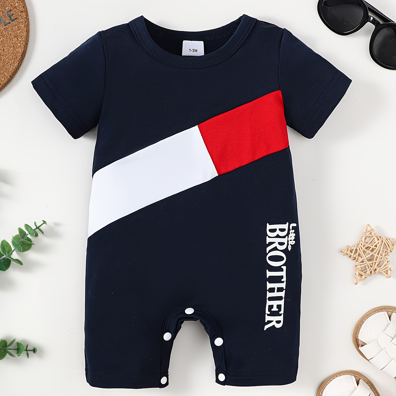 

Baby's "little Brother" Print Color Clash Bodysuit, Casual Short Sleeve Romper, Toddler & Infant Boy's Clothing