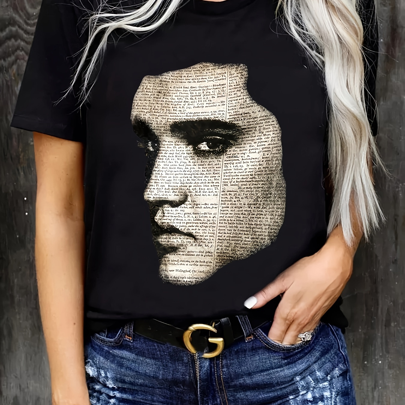 

Portrait Print T-shirt, Casual Short Sleeve Crew Neck Top For Spring & Summer, Women's Clothing