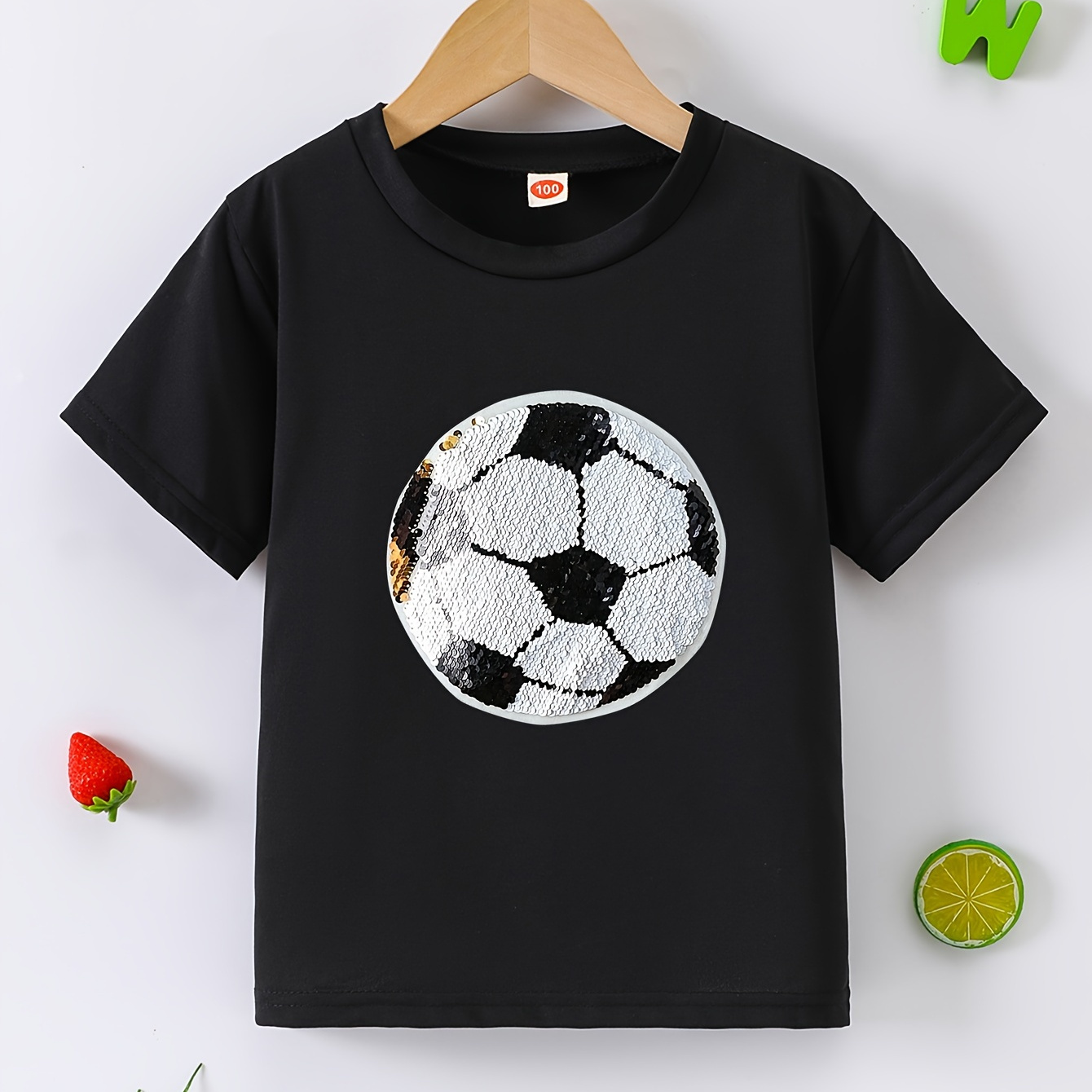 

Boy's Soccer Pattern Sequins Casual T-shirt, Short Sleeve Comfy Tee Tops, Summer Outdoor Sports Clothing