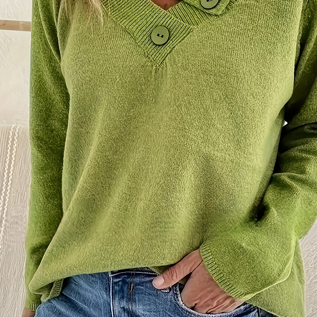 

Solid Versatile Knit Sweater, Casual V Neck Long Sleeve Sweater With Buttons, Women's Clothing