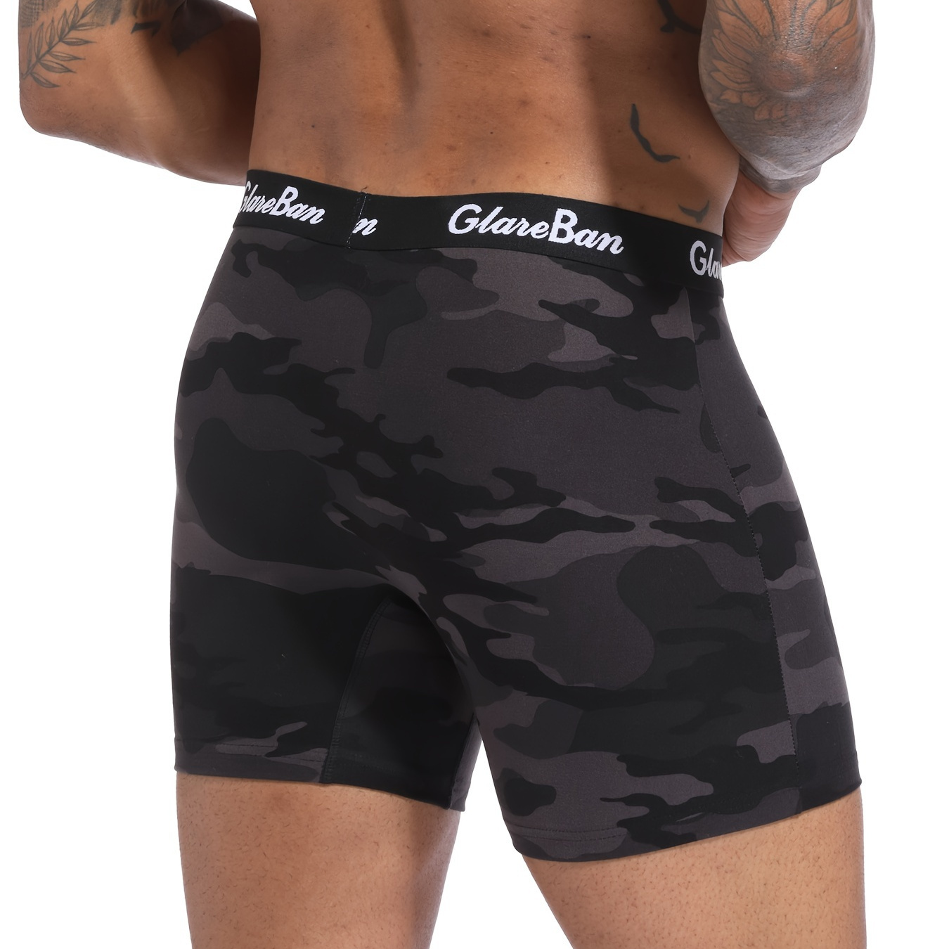 

Men's Mid-long Boxer Shorts, Black Camouflage Pattern Breathable Polyester Underwear, Comfortable Male Underpants Home Boxer Shorts
