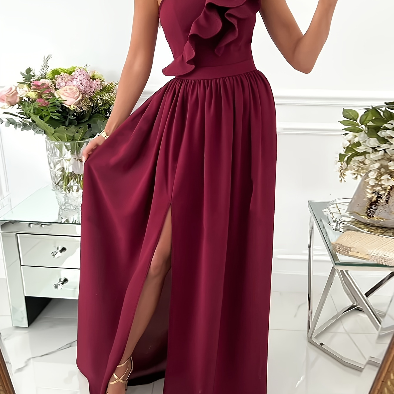 

1 Shoulder Ruffle Trim Dress, Elegant Asymmetrical Split Hem Aline Dress For Party & Banquet, Women's Clothing