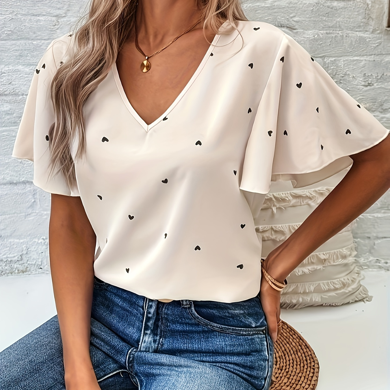 

Heart Print V-neck Blouse, Elegant Ruffle Sleeve Bouse Top For Spring & Summer, Women's Clothing