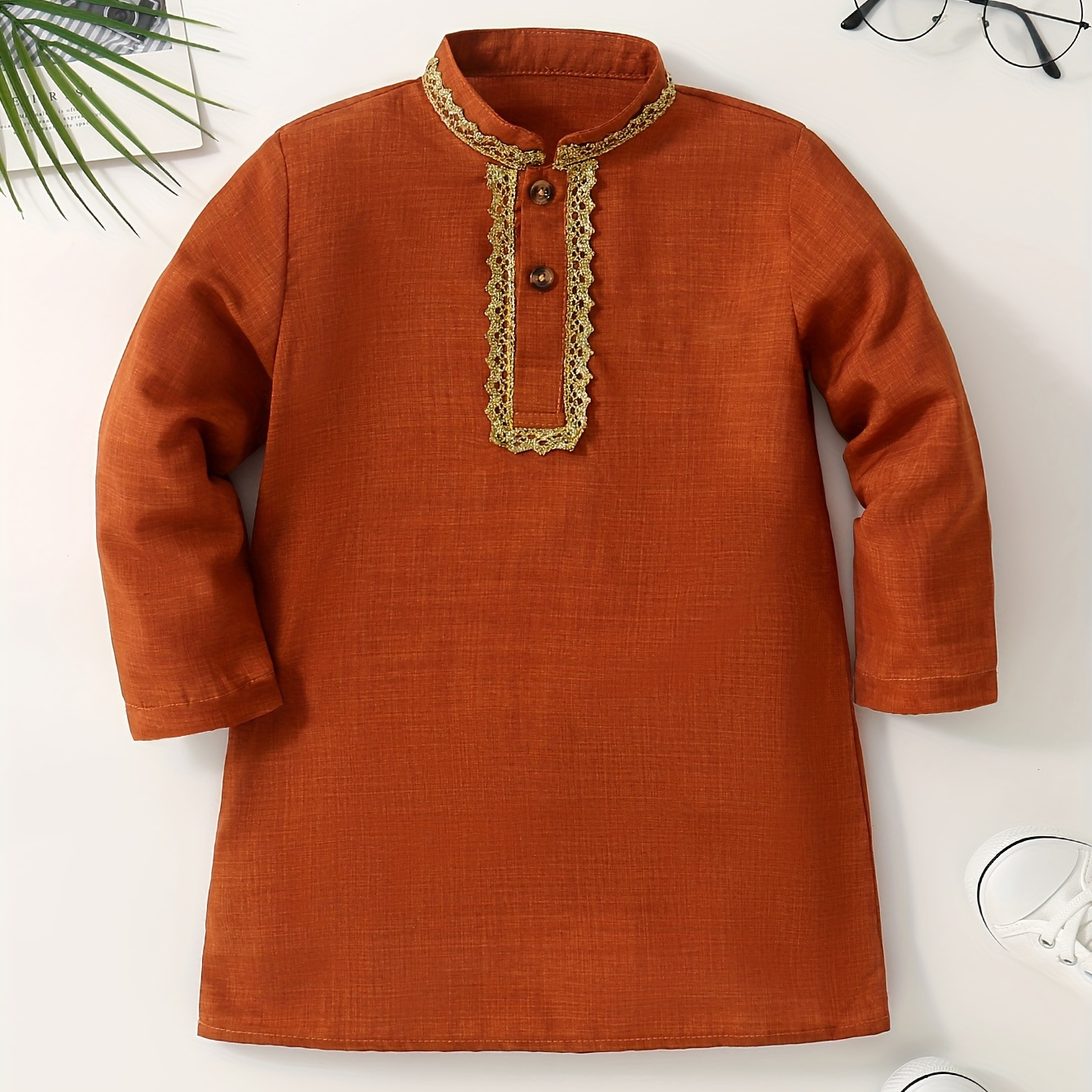 

Boys Traditional Long Sleeve Button Detail Clothing, Casual Ethnic Style Boys Stand Collar Long Sleeve Clothing