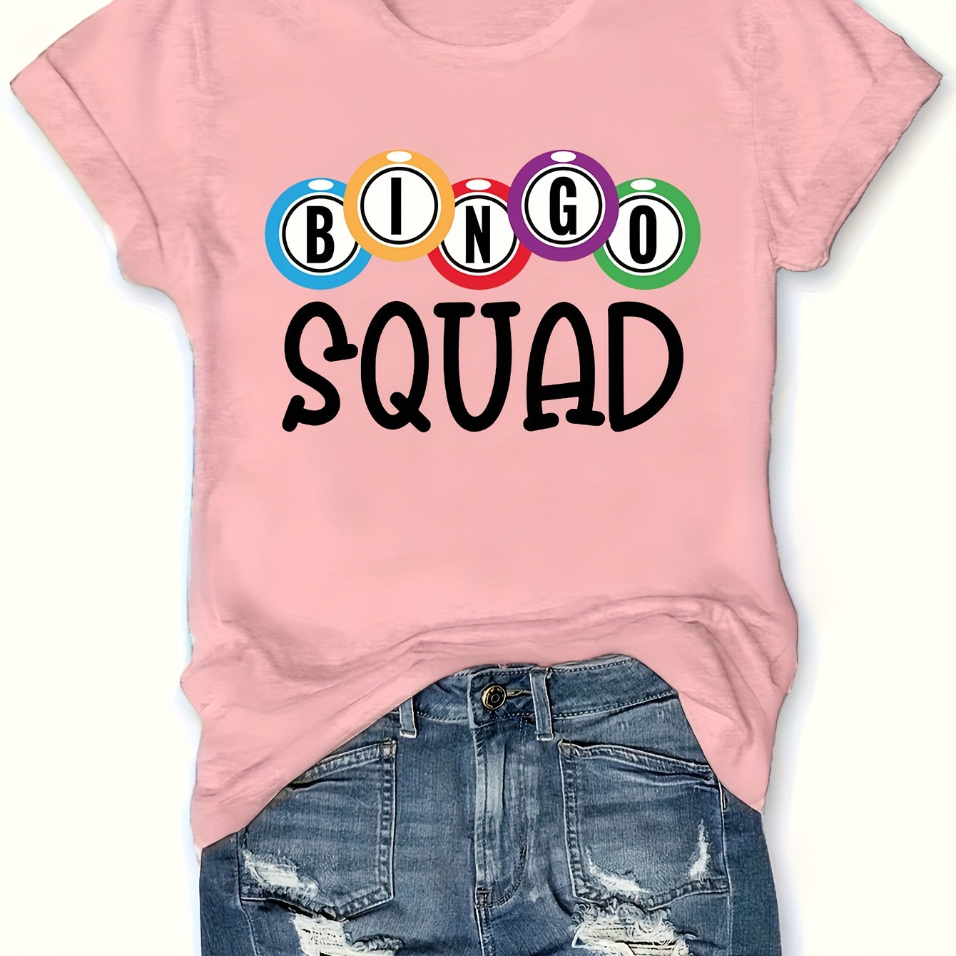 

Women's Bingo Squad Letter Print T-shirt, Casual Crew Neck Short Sleeve Top, 96% Polyester Stretch Knit Fabric, Regular Fit Clothing