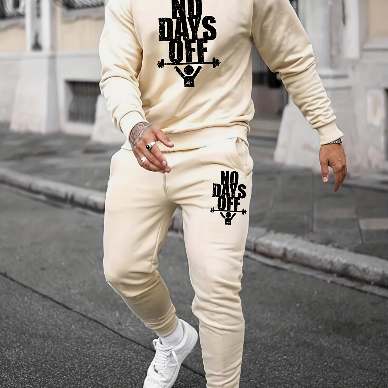 

No Days Off Print, Men's 2pcs Outfits, Casual Crew Neck Long Sleeve Pullover Sweatshirt And Drawstring Sweatpants Joggers Set For Spring Fall, Men's Clothing