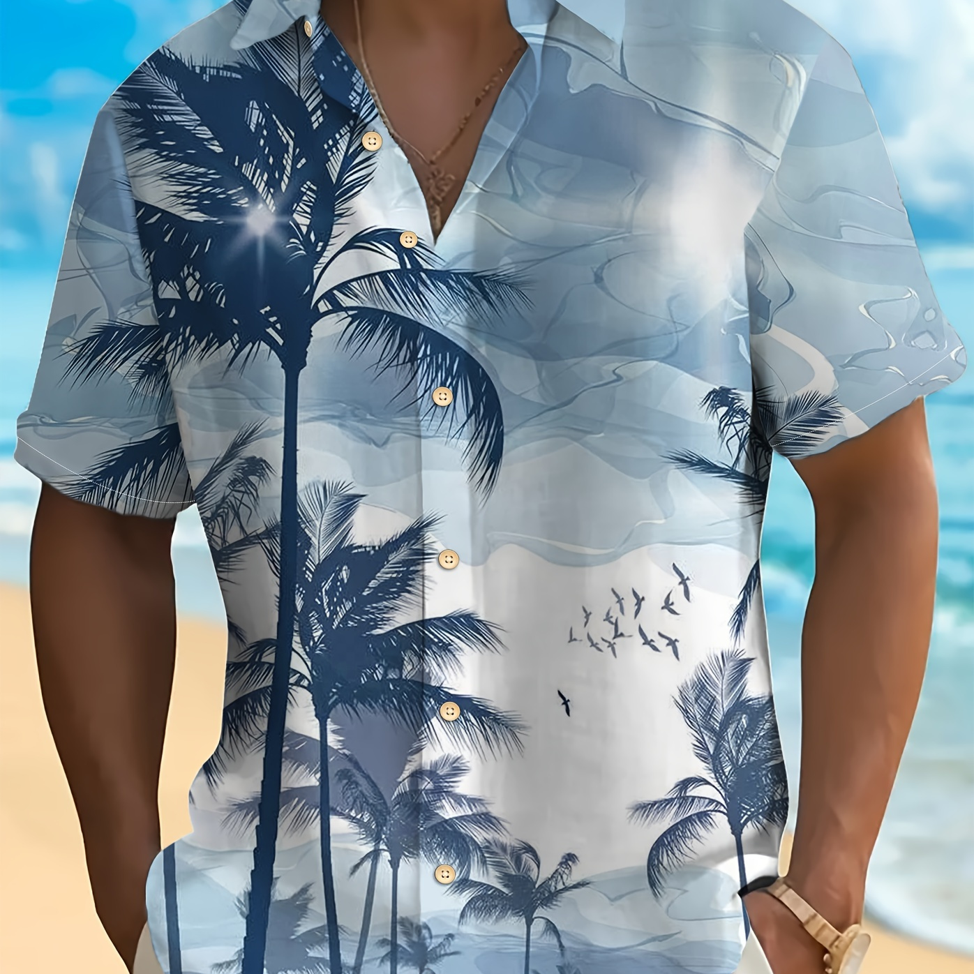 

Men's 3d Trees Pattern Print Short Sleeve Lapel Shirt Top, Casual Button Up Shirt For Summer And Vacation Resorts, Hawaiian Style