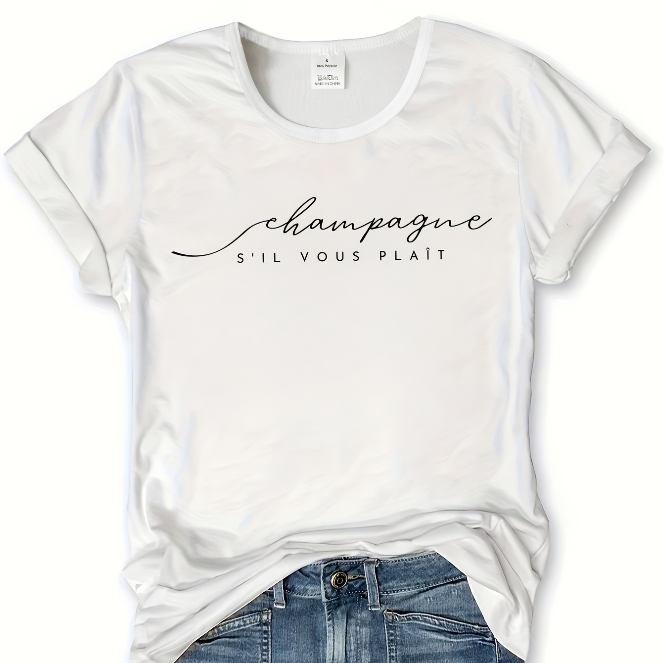 

Chic ' ' Graphic Tee - Casual Crew Neck, Short Sleeve, 100% Polyester , Machine Washable - , Women'