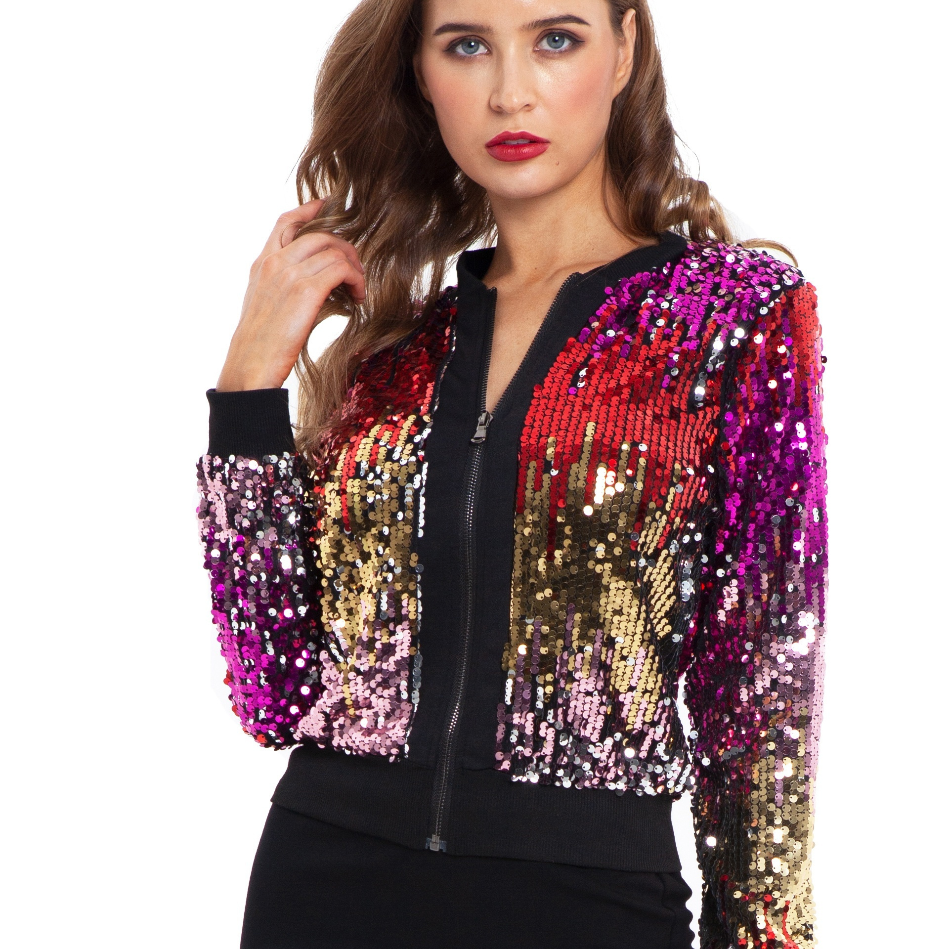 

Sequin Zipped Jacket, Stylish Long Sleeve Jacket For Fall & Winter, Women's Clothing