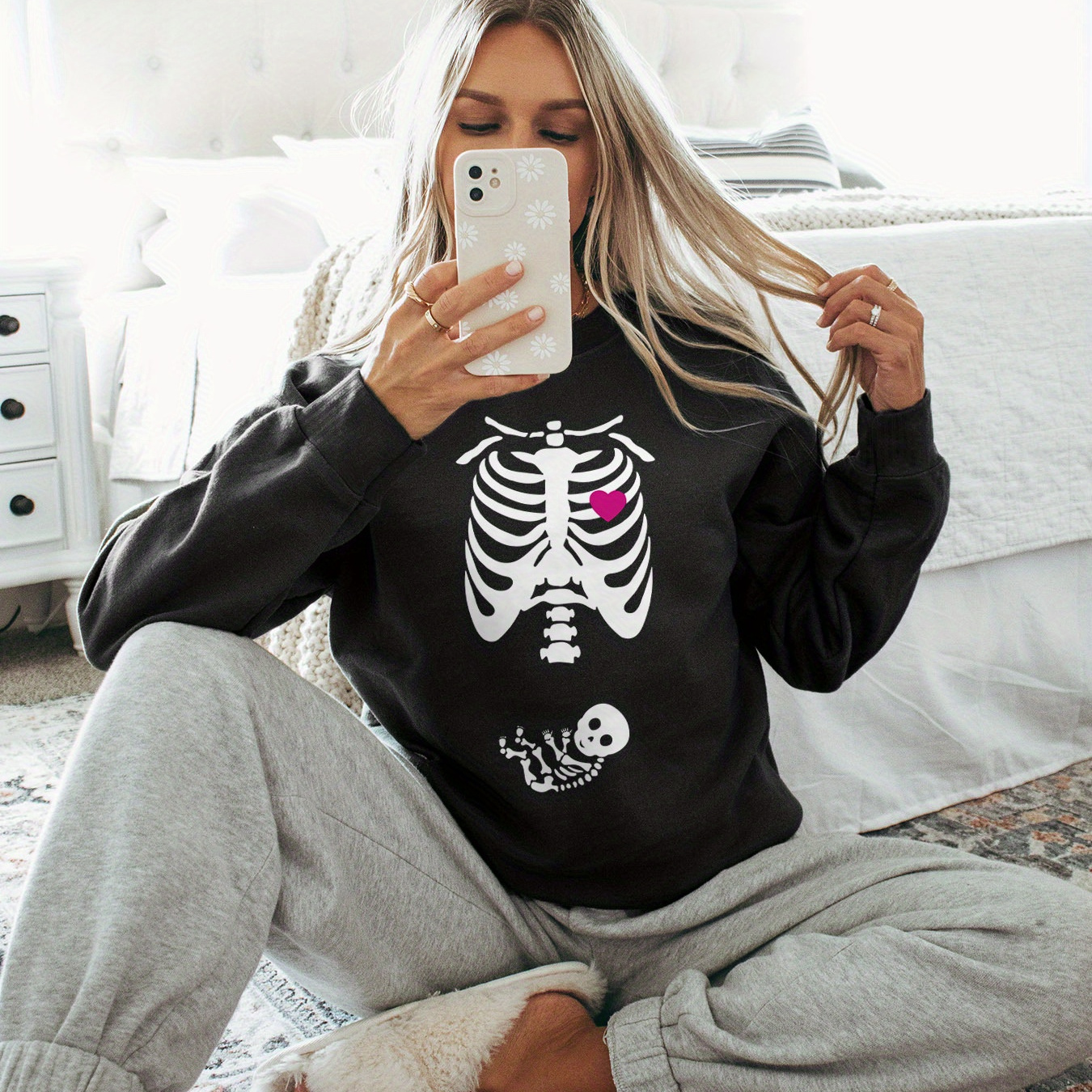 

Skull Print Sweatshirt, Crew Neck Casual Sweatshirt For Fall & Spring, Women's Clothing