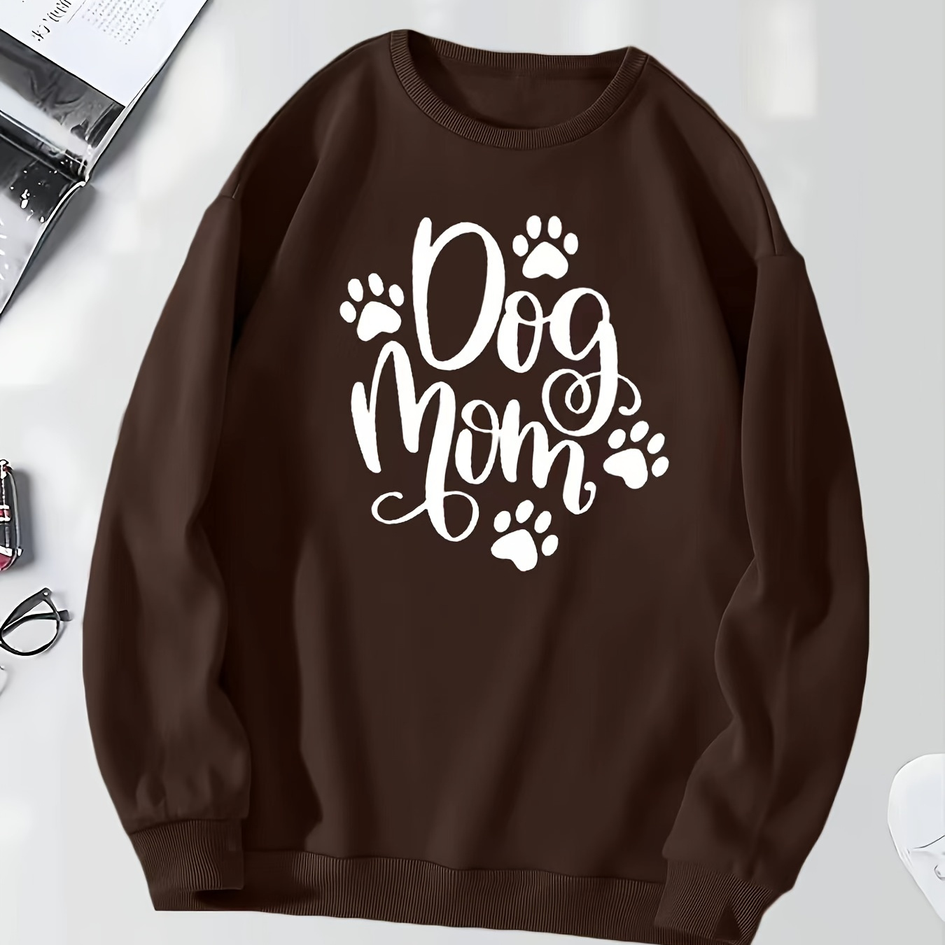 

Dog Mom Print Crew Neck Sweatshirt, Casual Long Sleeve Drop Shoulder Sweatshirt, Women's Clothing