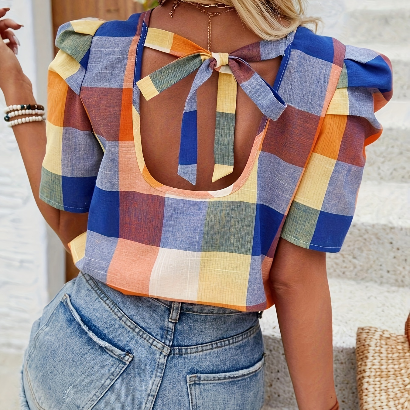 

Plaid Pattern Tie Back Blouse, Elegant Ruched Sleeve Top For Spring & Summer, Women's Clothing