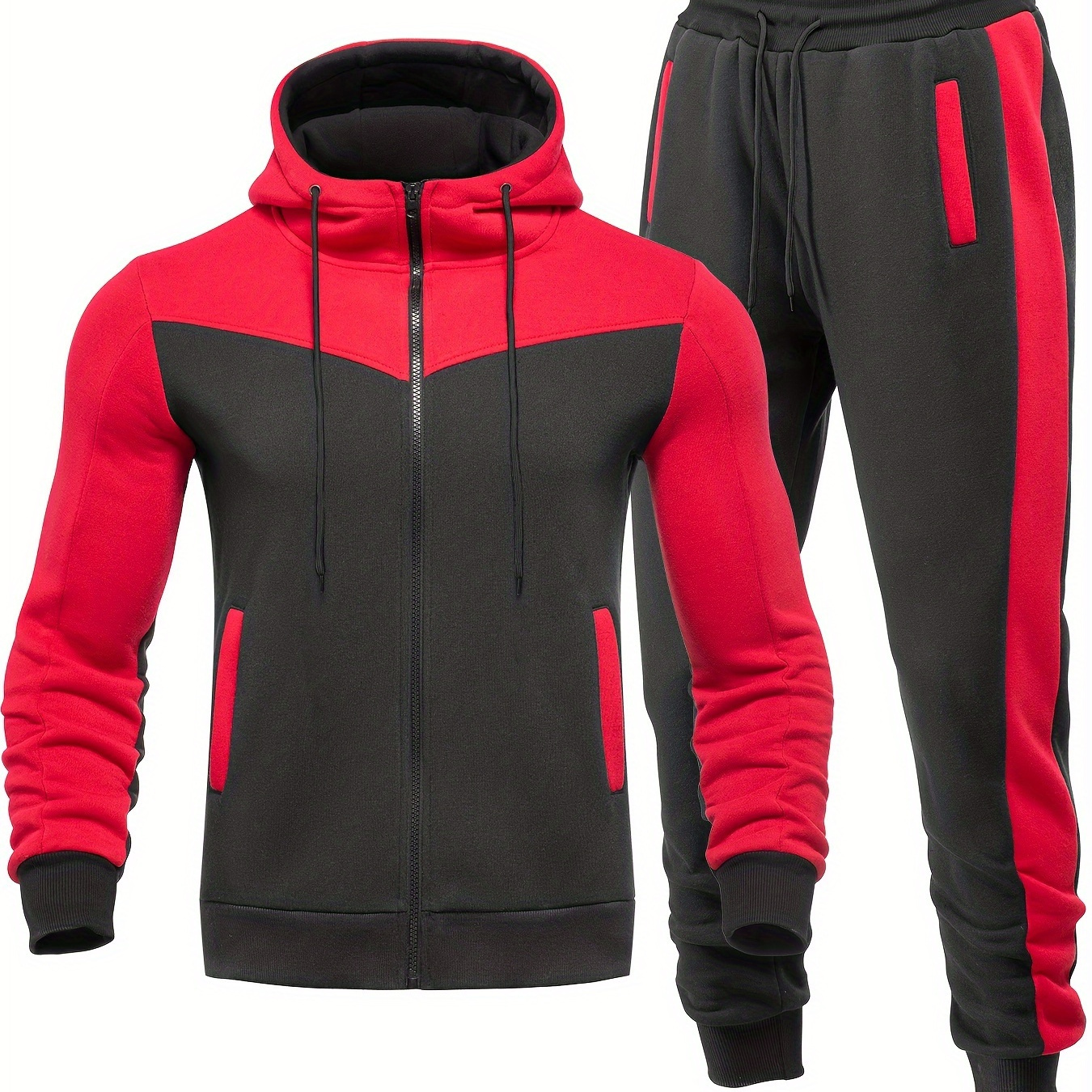 

Men's Casual Hoodie Set For Autumn And Winter, Featuring A Hooded Sweatshirt And A Sporty Cardigan In A Patchwork Design.