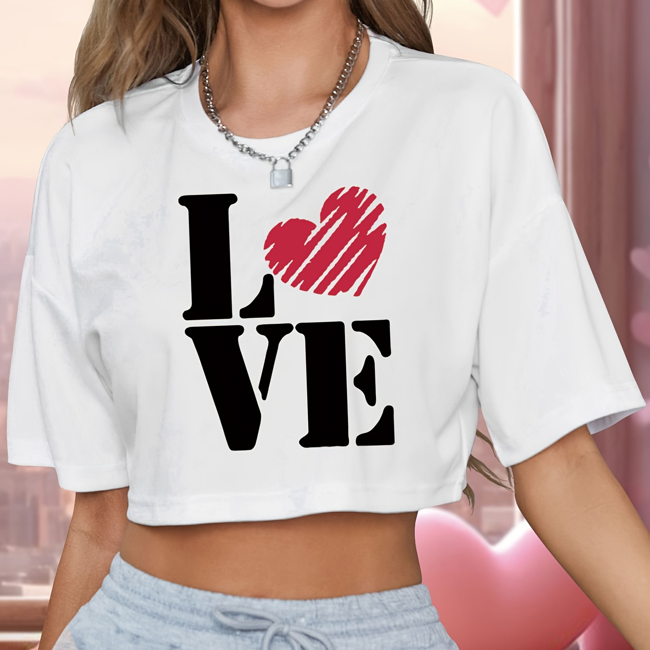 

Valentine's Day Love Print Round Neck Cropped Top, Fashion Casual Stretch Short Sleeve Sport T-shirt, Women's Clothing