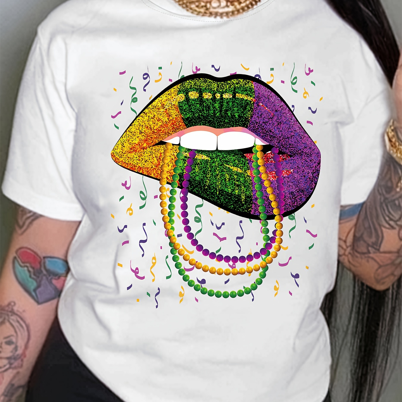 

Lips Print T-shirt, Short Sleeve Crew Neck Casual Top For Summer & Spring, Women's Clothing