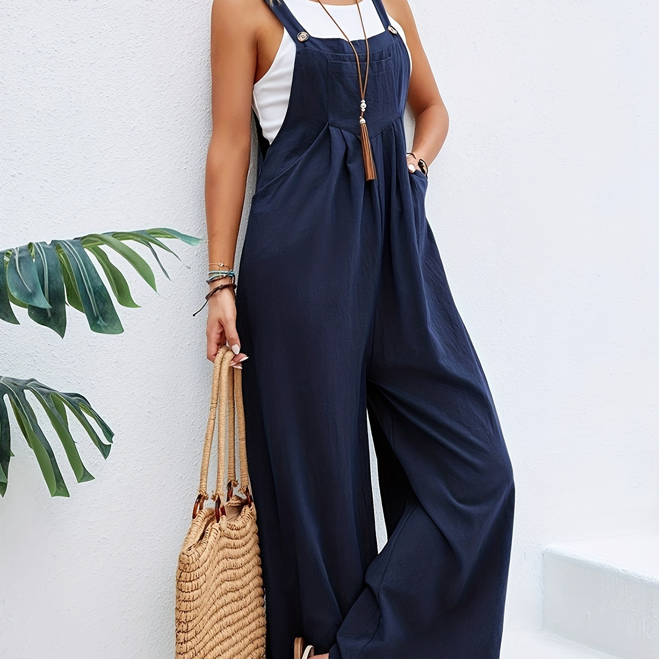 

Boho Solid Sleeveless Long Length Jumpsuit, Casual Baggy Jumpsuit With Pockets, Women's Clothing