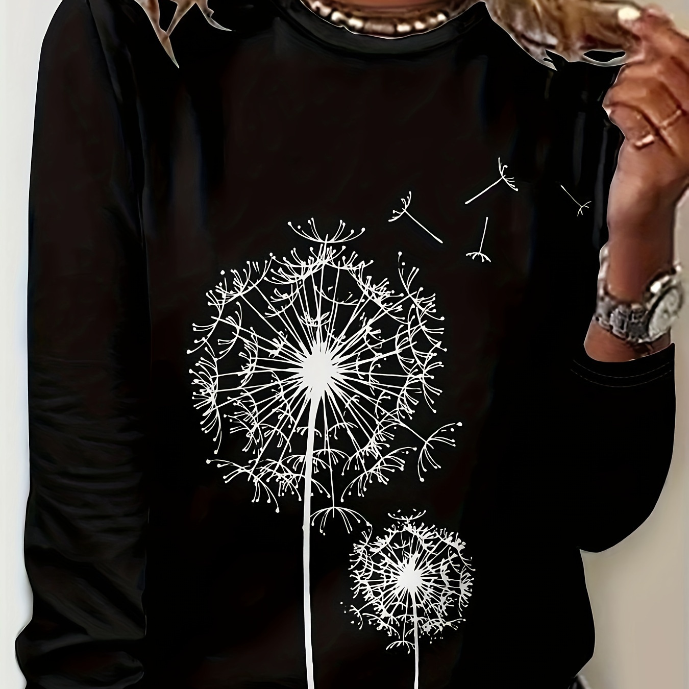 

Dandelion Print Crew Neck T-shirt, Casual Long Sleeve T-shirt For Spring & Fall, Women's Clothing