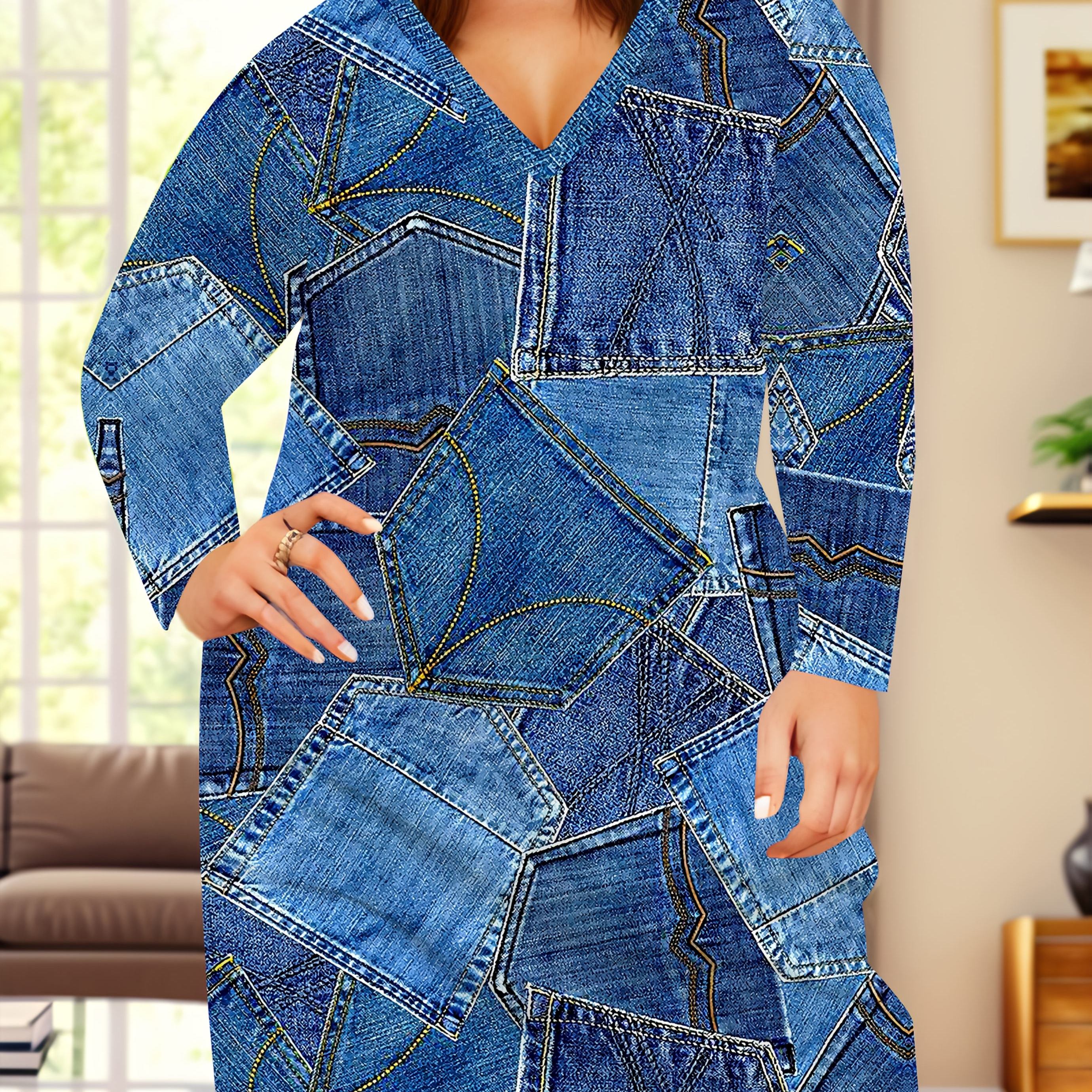 

1pc Women's Plus Size Casual V-neck Long Sleeve Dress, 3d Denim , Polyester Stretch Fabric, Fashion