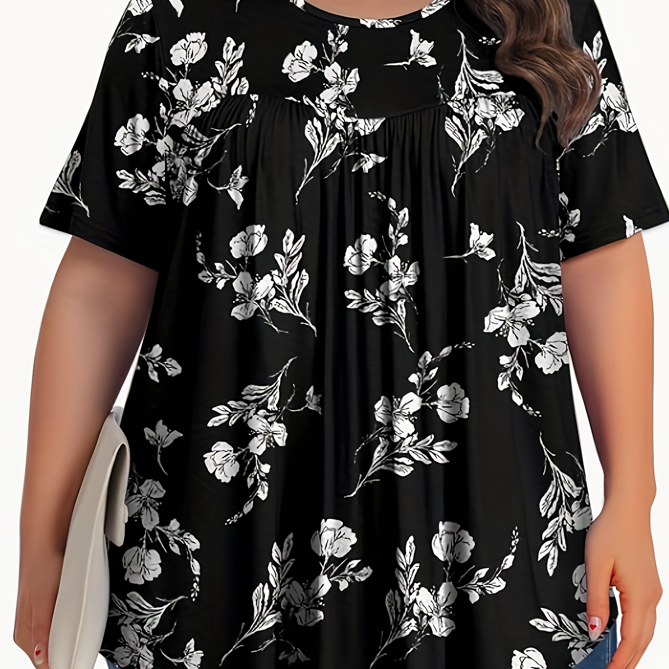 

T-shirt imprimé floral grande taille, T-shirt décontracté à manches courtes et col rond, vêtements grande taille pour femmes