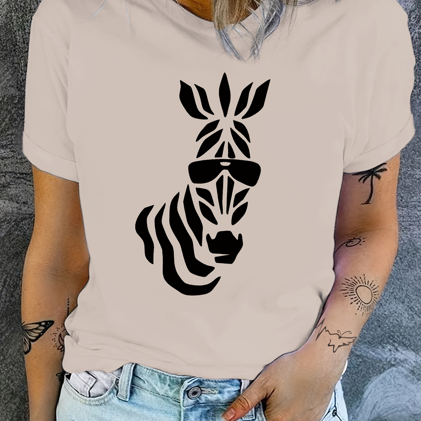 

Women's Zebra Print Graphic Tee - Casual Crew Neck, Short Sleeve, Stretchy Polyester , Machine Washable - Chic Summer & Spring Top, 24125, Style, Conventional Version, All//all