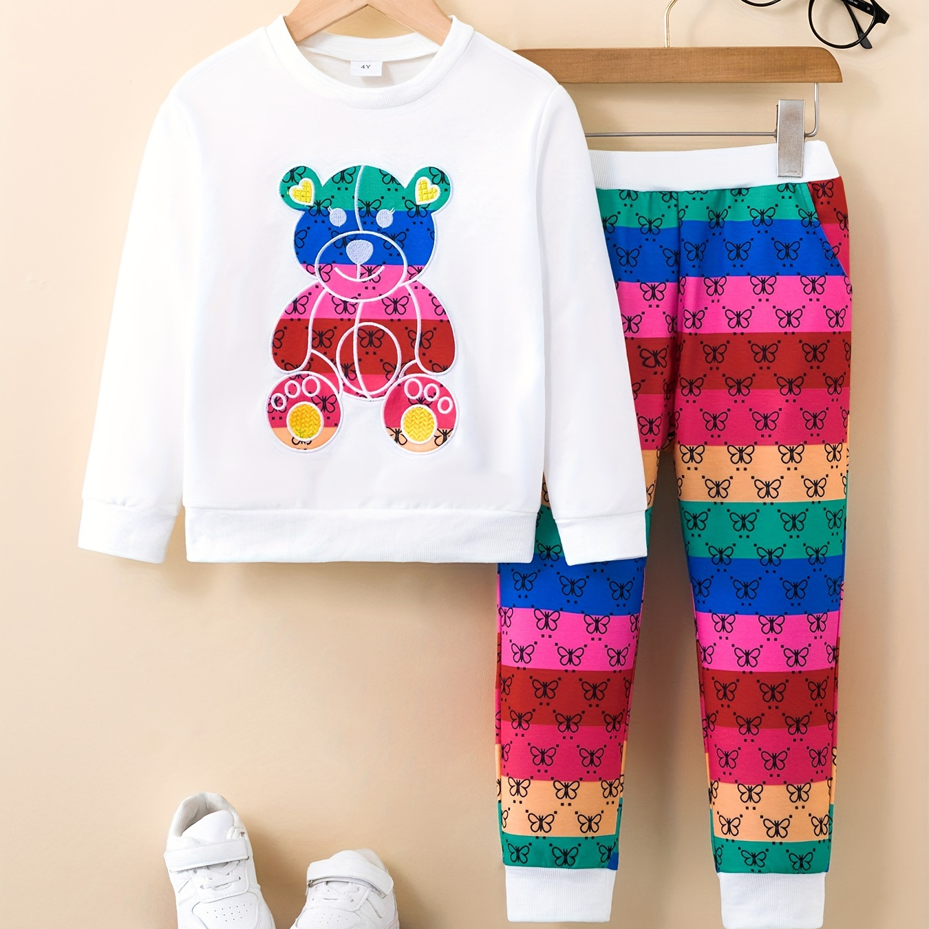 

Toddler Girls 2pc Bear Print Crew Neck Sweatshirt & Rainbow Stripped Jogger Pants Kids Clothes For Fall Sports