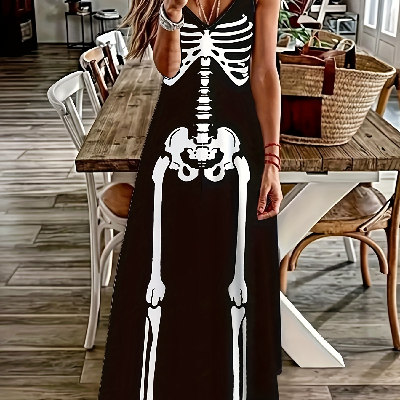 

1pc Women's Halloween Knit Dress, Polyester Long Sleeve Spaghetti Strap, Skull Print Midi Sundress With Lace-up Detail For Adults, All