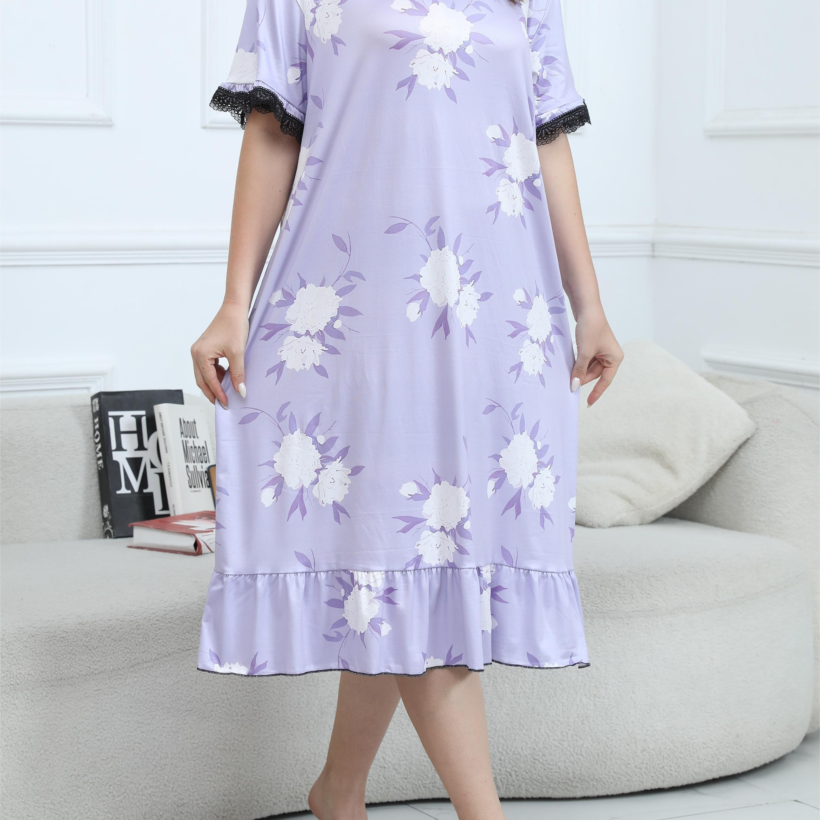 

Plus Size Elegant Sleep Dress, Women's Plus Floral Print Short Sleeve Contrast Lace Trim Round Neck Loose Nightdress