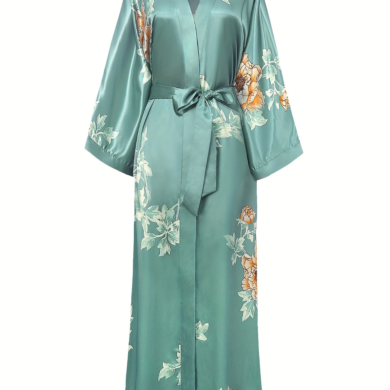 

Floral Kimono Robe Satin Silk Wedding Robe 1920s Kimono Nightgown Sleepwear 53 Inches Long