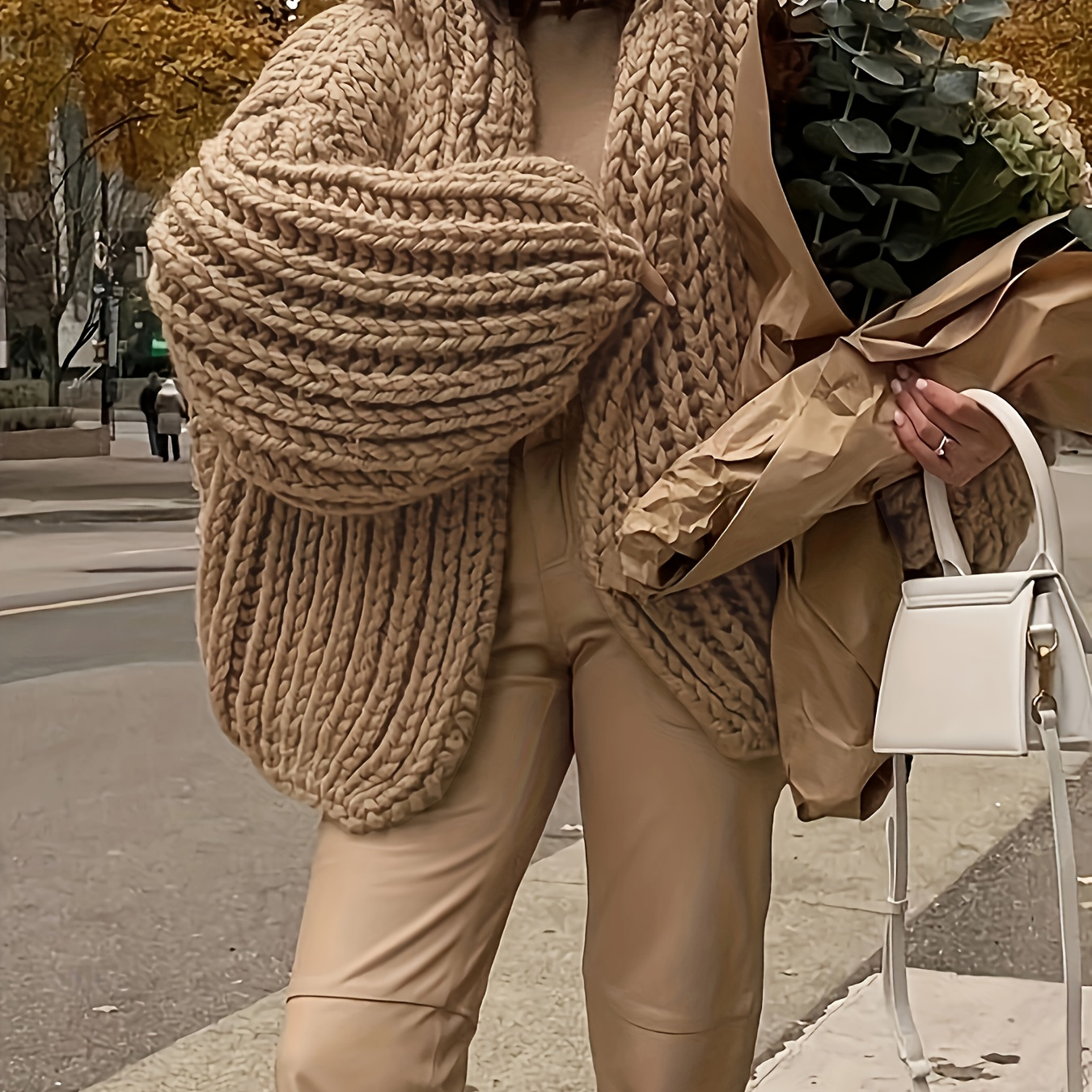 

Women's Oversized Lantern Sleeve Hooded Cardigan - Elegant Beige Knit Sweater Coat For Fall/winter, Soft Acrylic & Cashmere, Hand Wash Or , Autumn And Winter Layering, Knitted Sweater