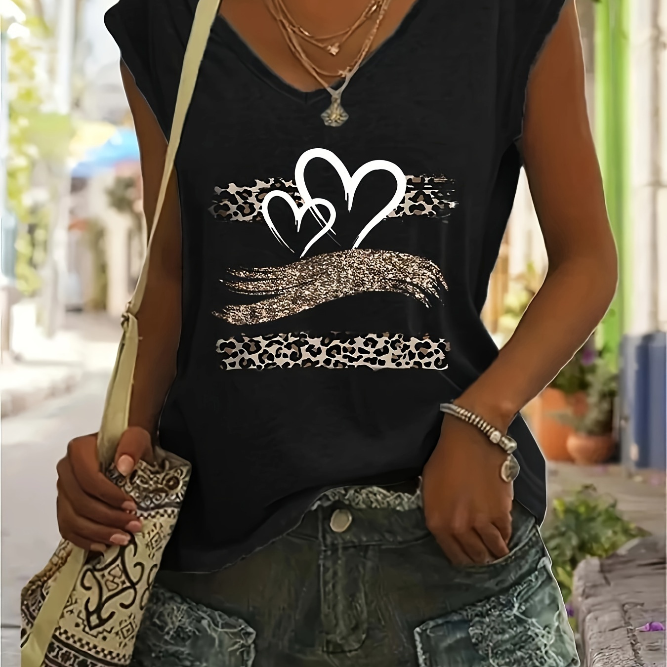 

Heart Print V Neck T-shirt, Casual Cap Sleeve T-shirt For Spring & Summer, Women's Clothing