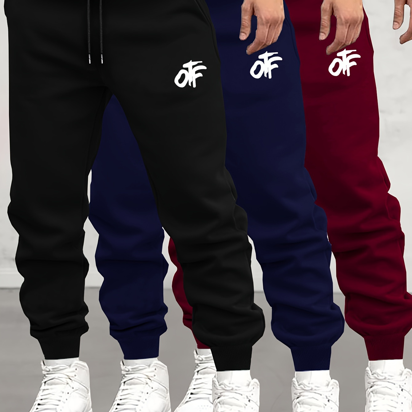 

Off Letters Print 3pcs Men's Casual Jogger Sweatpants, Soft Autumn Winter Athletic Track Pants, Comfortable Outdoor Cuffed Drawstring Pants For Sports Outdoor Activities