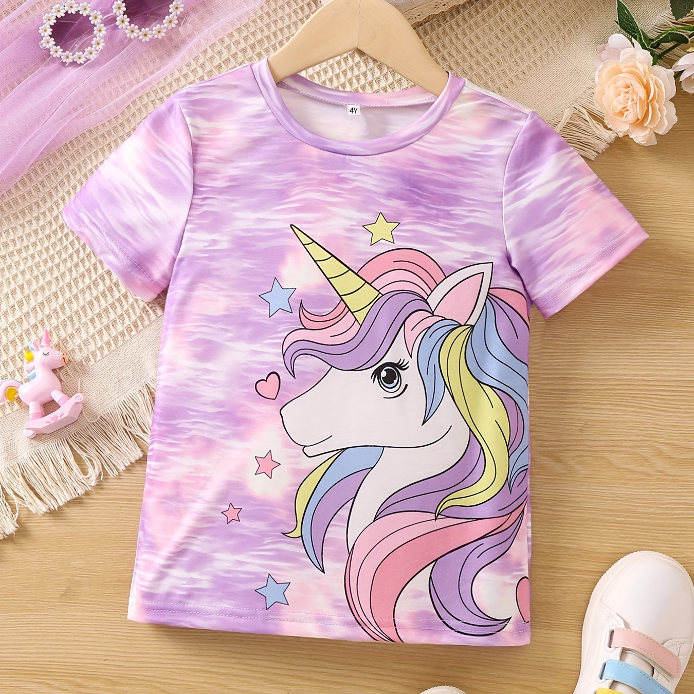 Girl's Ruffle Trim Cute Cartoon Unicorn Graphic T shirt Top - Temu