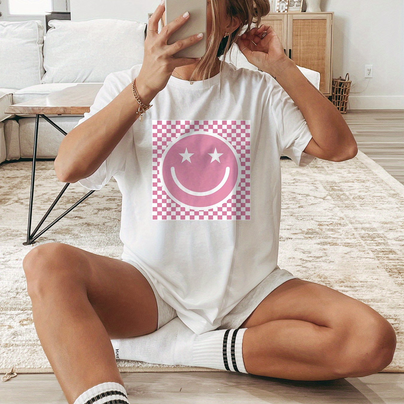 

Smile Print T-shirt, Short Sleeve Crew Neck Casual Top For Summer & Spring, Women's Clothing