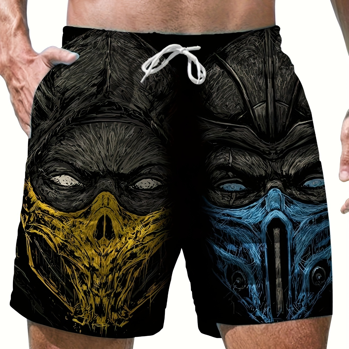 

Men's Monsters Print Shorts With Pockets, Casual Breathable Drawstring Shorts For Outdoor