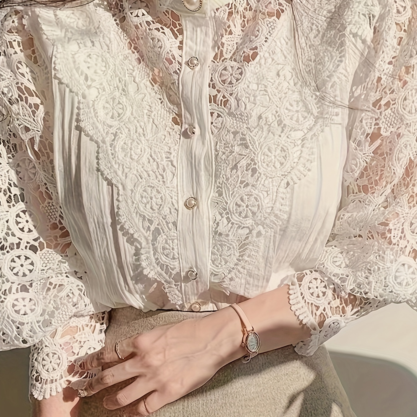 

Contrast Guipure Lace Button Front Blouse, Chic Long Sleeve Blouse For Spring & Fall, Women's Clothing