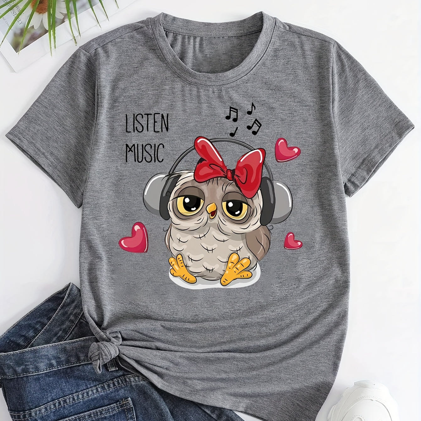 

Cute Cartoon Owl Print Crewneck T-shirt, Casual Short Sleeve Summer Top, Women's Clothing