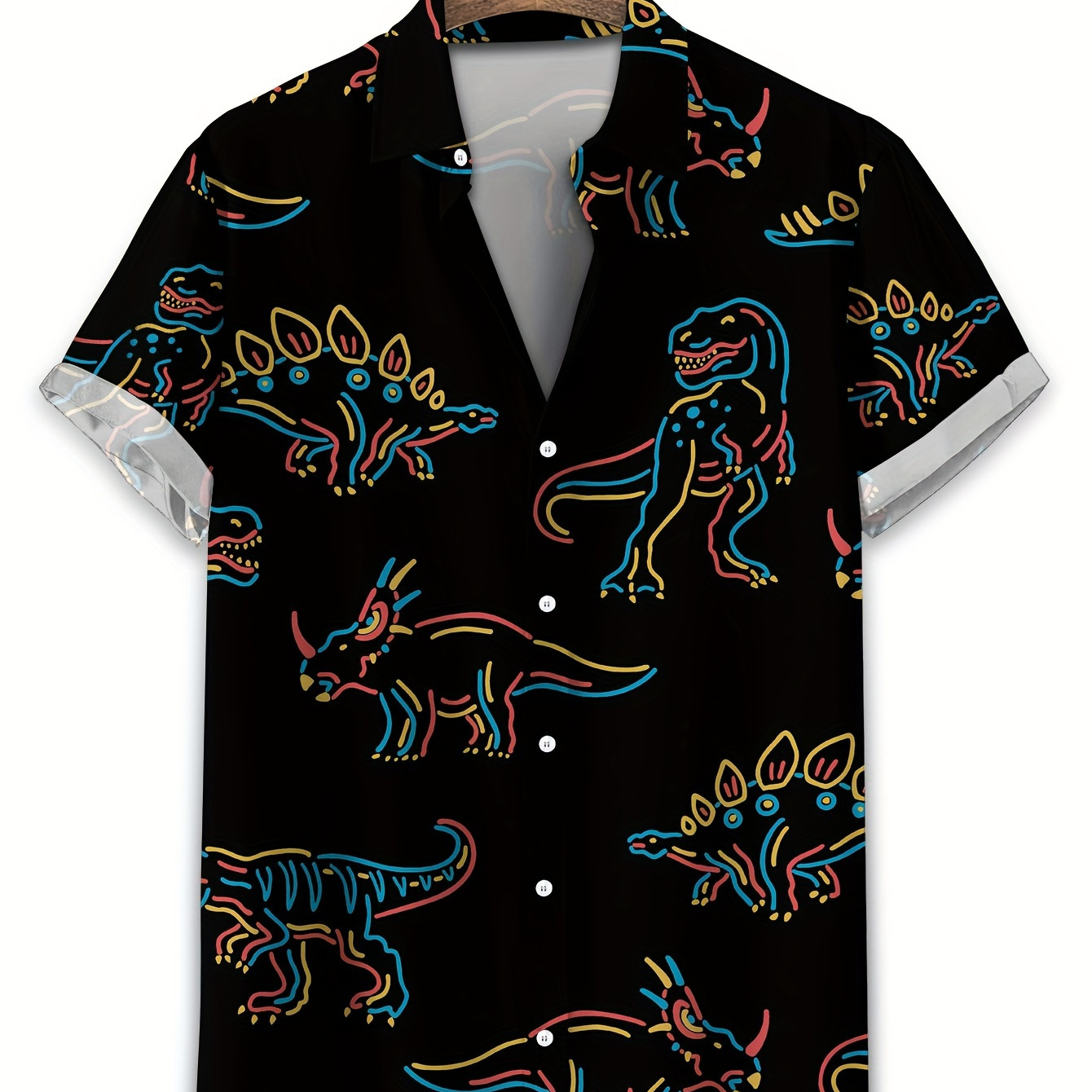 

Dinosaur Pattern Men's Fashionable And Simple Short Sleeve Button Casual Lapel Shirt, Trendy And Versatile, Suitable For Summer Dates, Beach Holiday, As Gifts, Men's Clothing