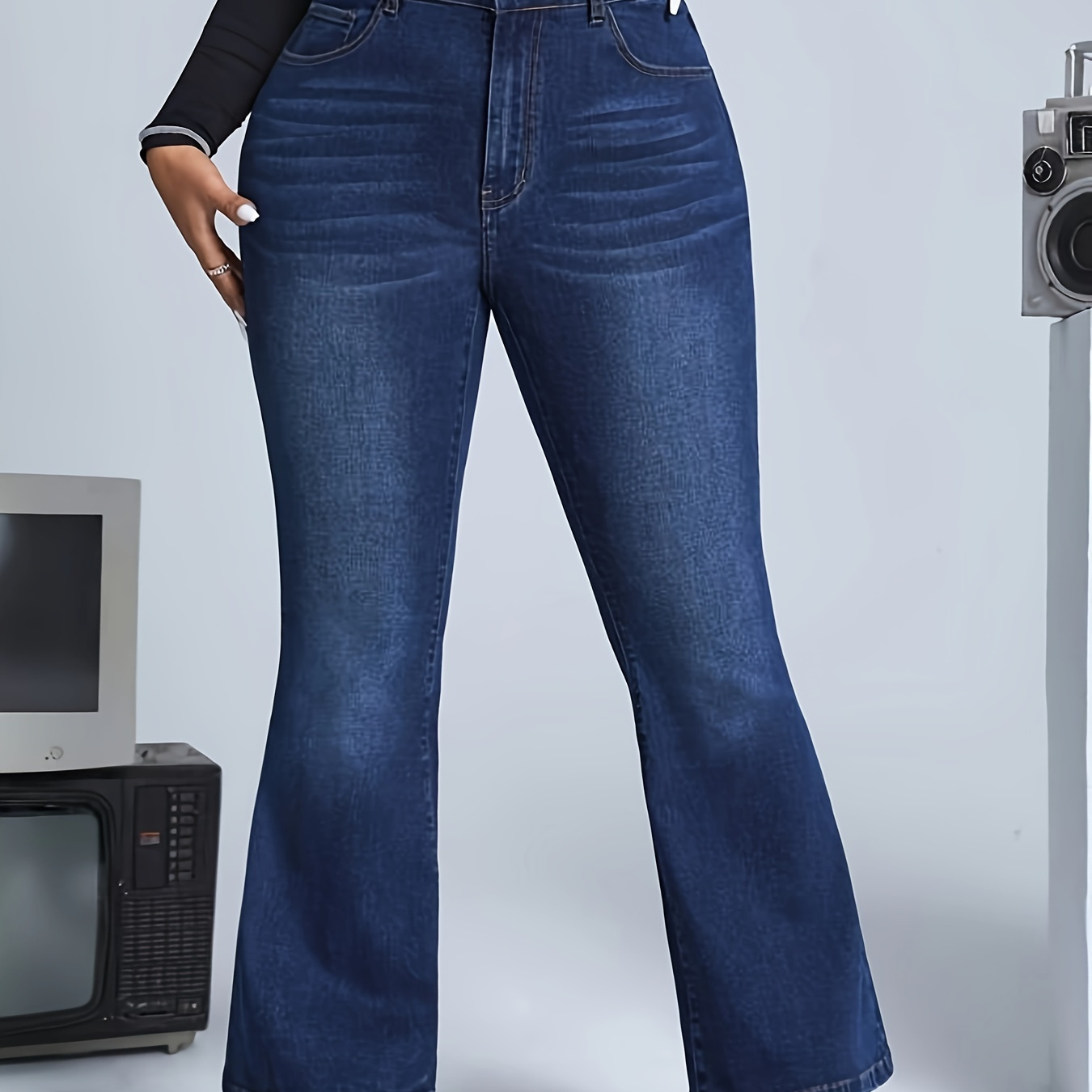 

Plus Size Plain Washed Blue Zipper Button Closure Flare Leg Denim Pants, Women's Denim Jeans & Clothing