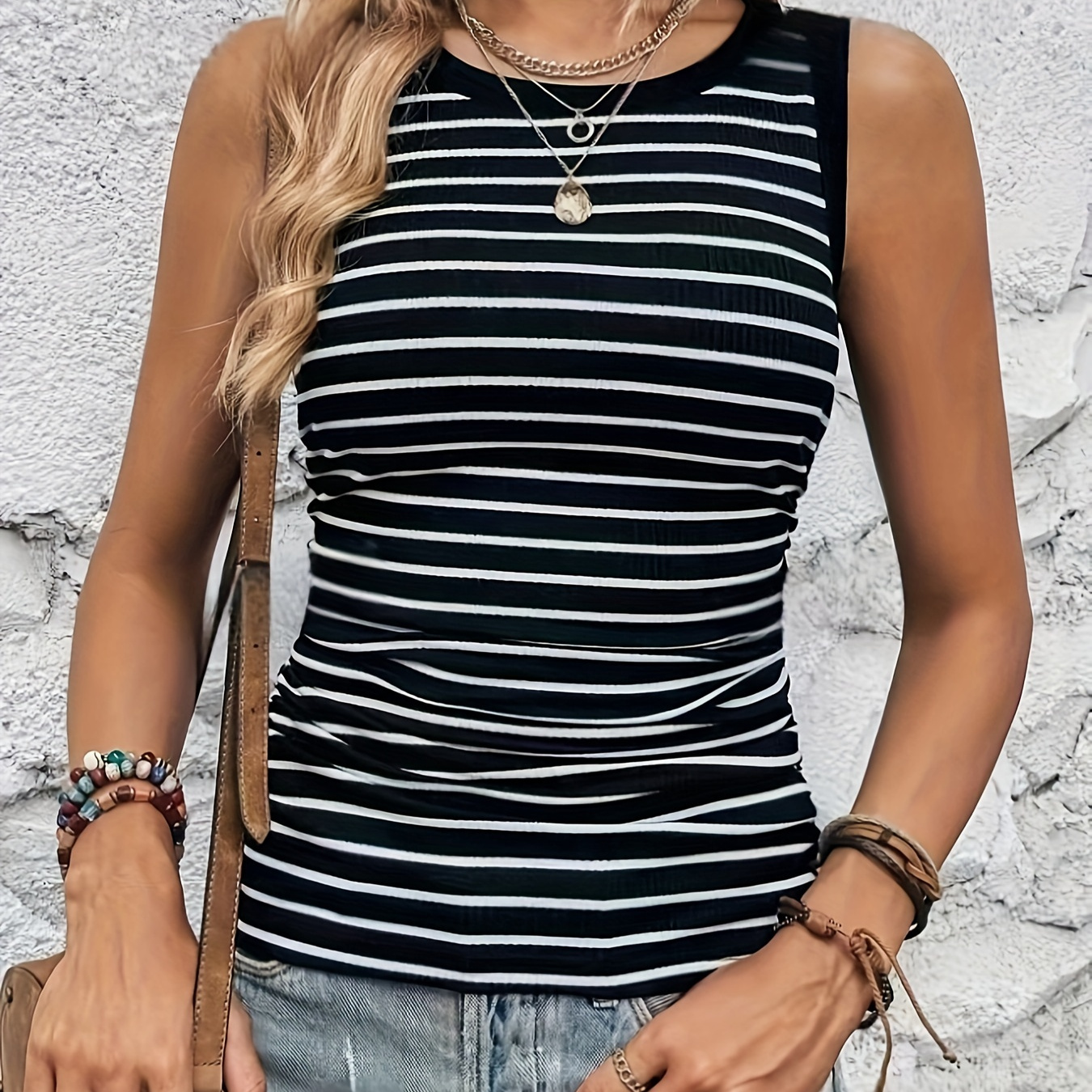 

Striped Crew Neck Tank Top, Elegant Sleeveless Top For Spring & Summer, Women's Clothing