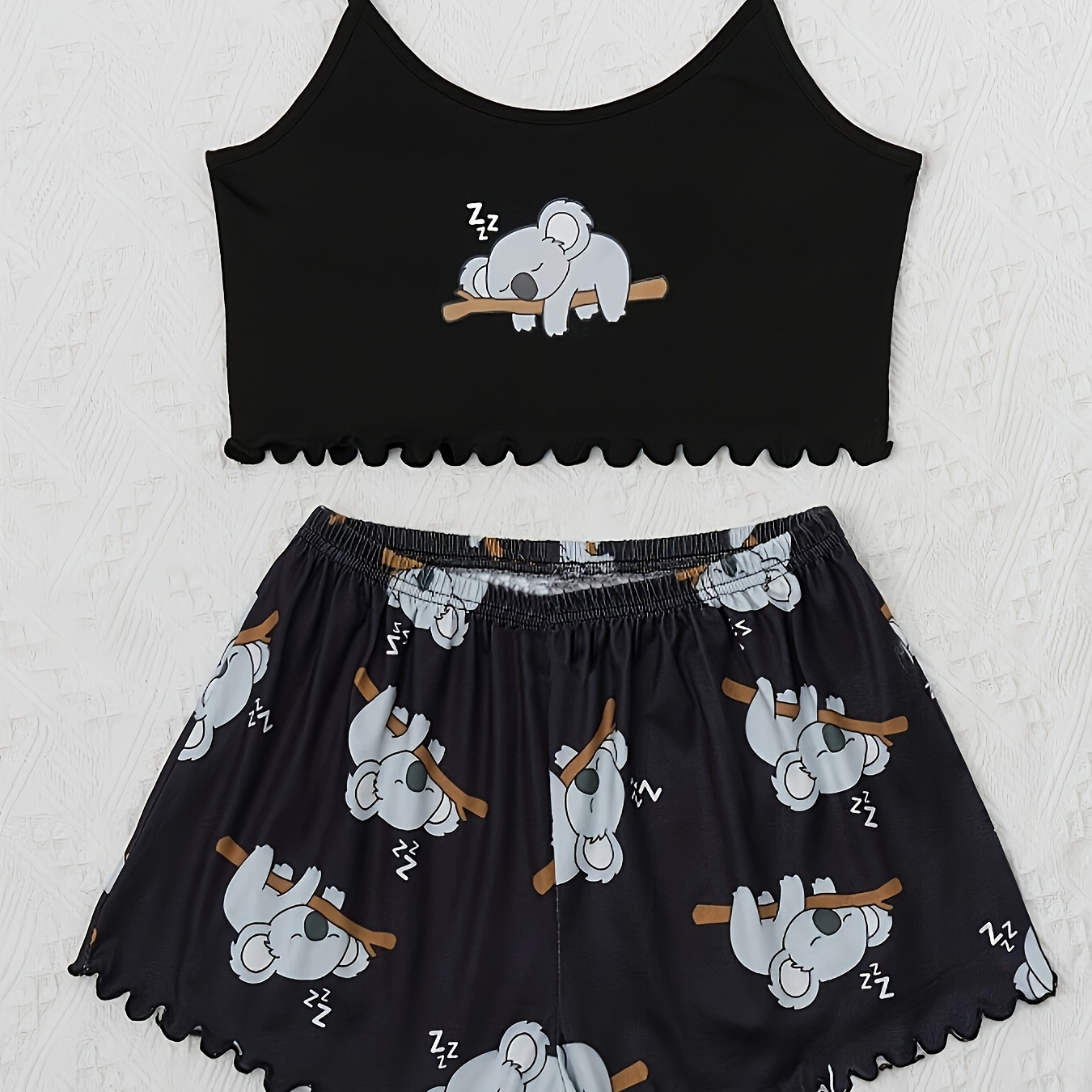 

Women's Cartoon Koala Print Cami Top & Shorts Pajama Set, Comfortable Sleepwear With Frill Trim Detail