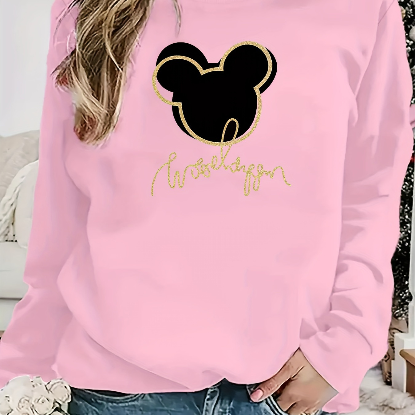 

Women's Fashion Casual Pullover Sweatshirt With Mouse & Lettering, Round Neck, Long Sleeve, Ribbed Hem & Cuffs For Fall