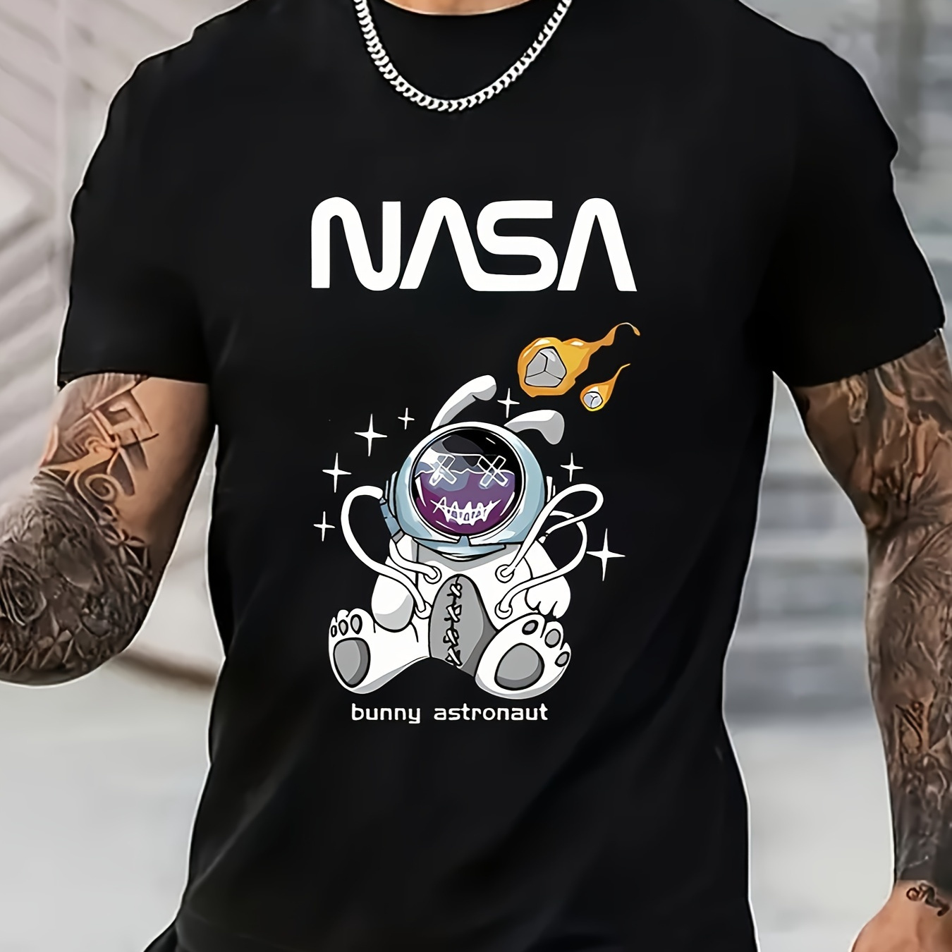 

Astronaut Printed T-shirt Men's Casual Style Summer And Autumn Slightly Elastic Round Neck T-shirt