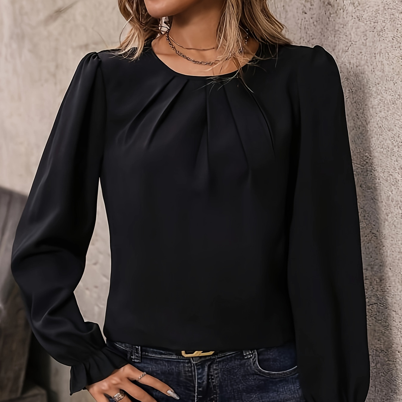 

Blouse À Col Ras Du Cou Plissée Solide, Chemisier Élégant À Manches Longues Pour Le Printemps Et L’automne, Vêtements Pour Femmes