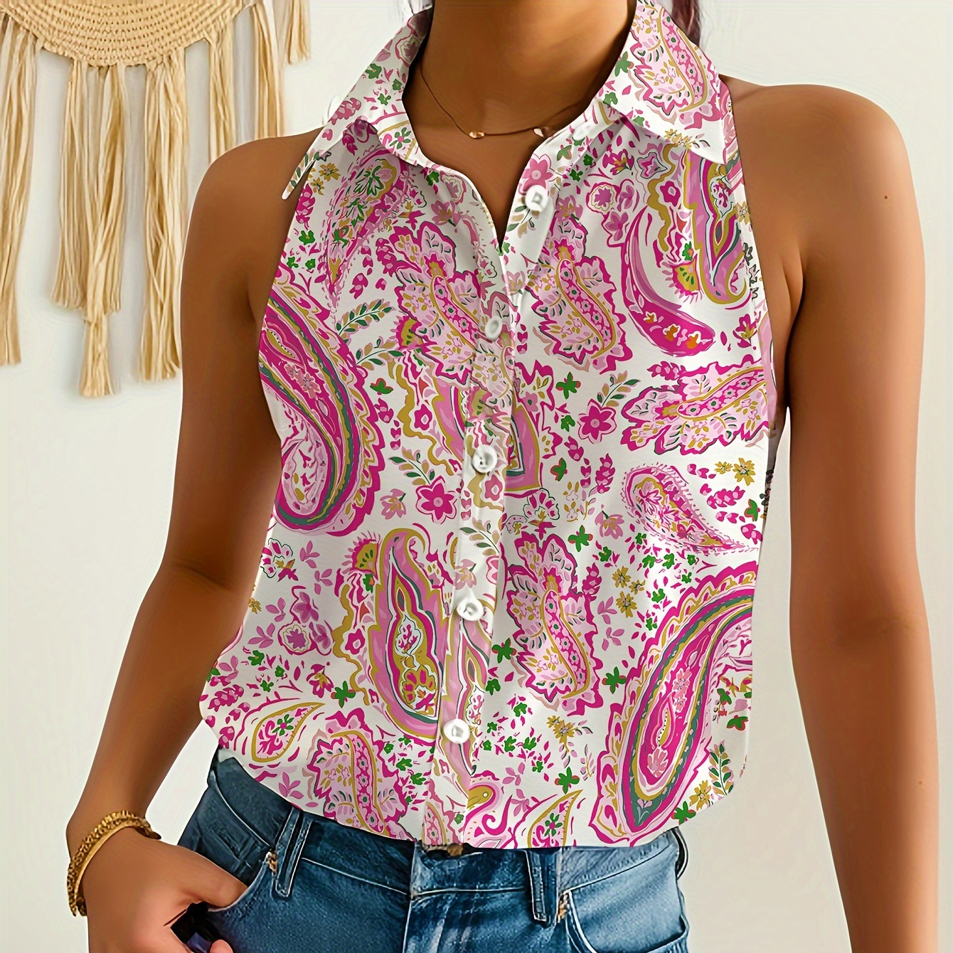 

Paisley Print Button Front Tank Top, Elegant Sleeveless Top For Spring & Summer, Women's Clothing