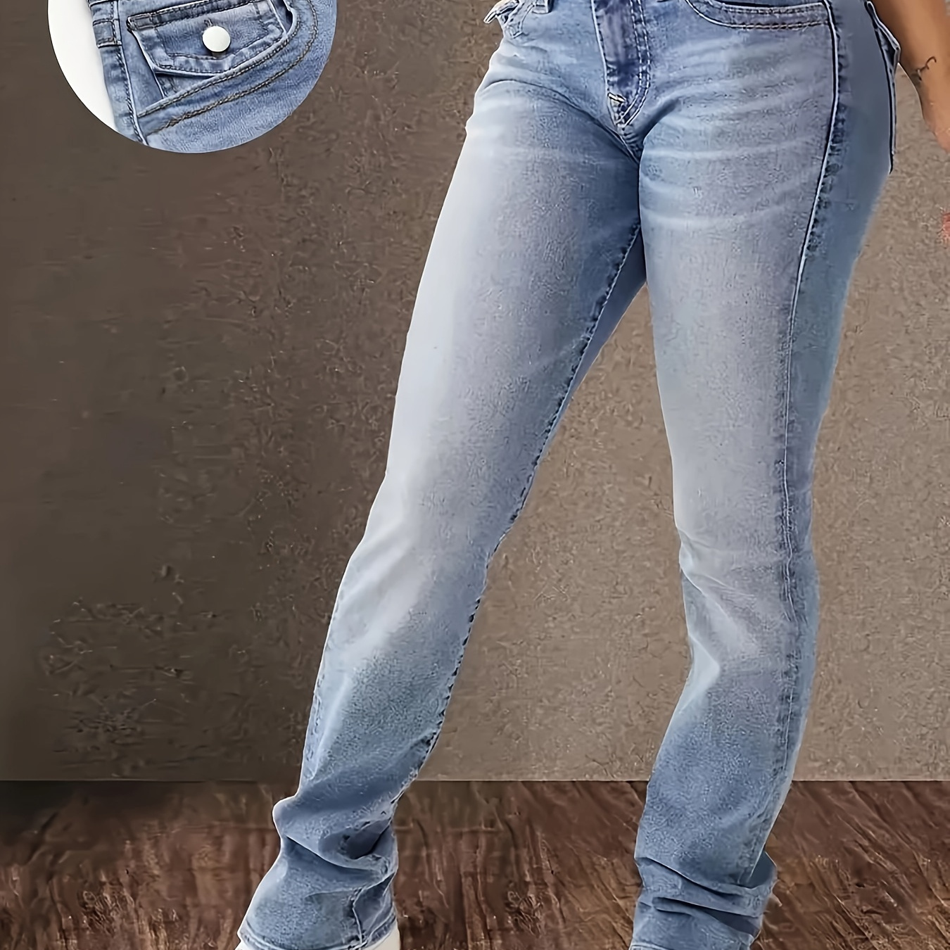 

Jean en denim stretch taille haute pour femme avec élasthanne, mélange de coton et de polyester, style élégant, lavable en machine, longueur longue, à toute l'année.